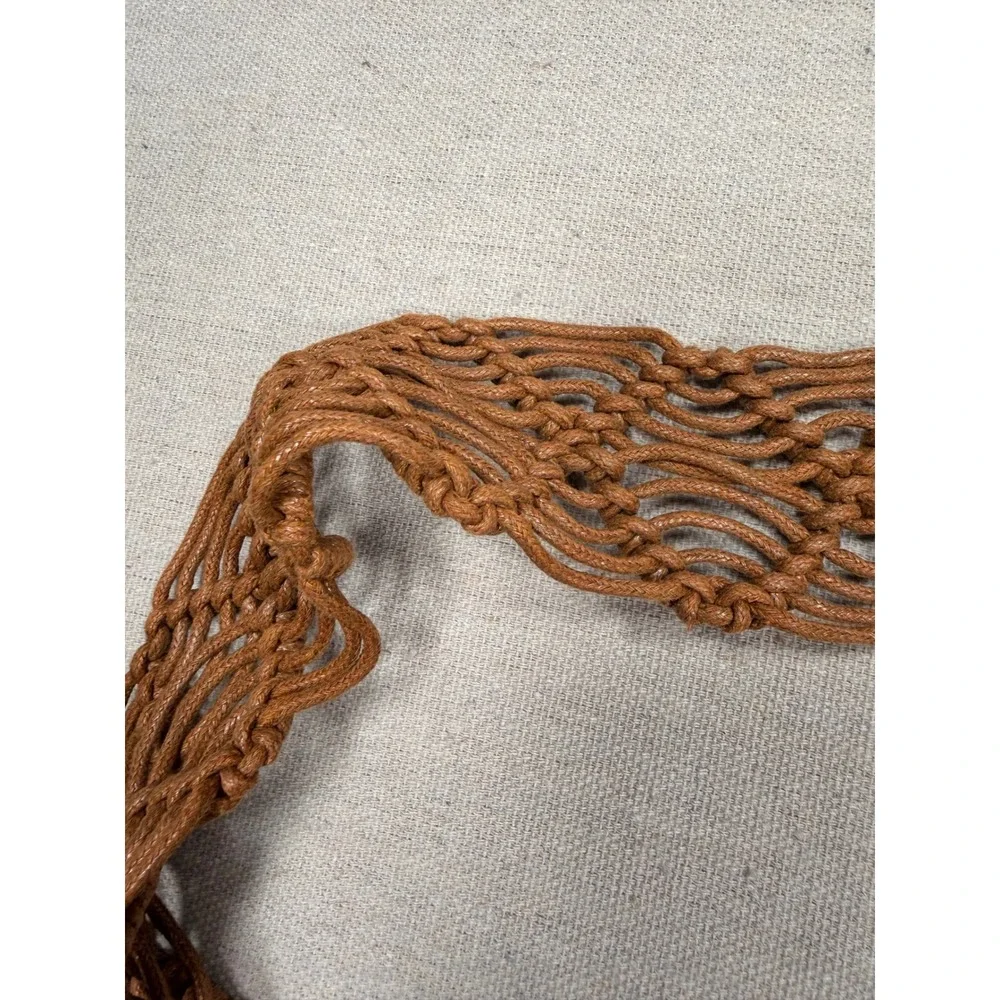 Vintage Boho Macrame Woven Fringe Tie Belt Cognac Brown One Size